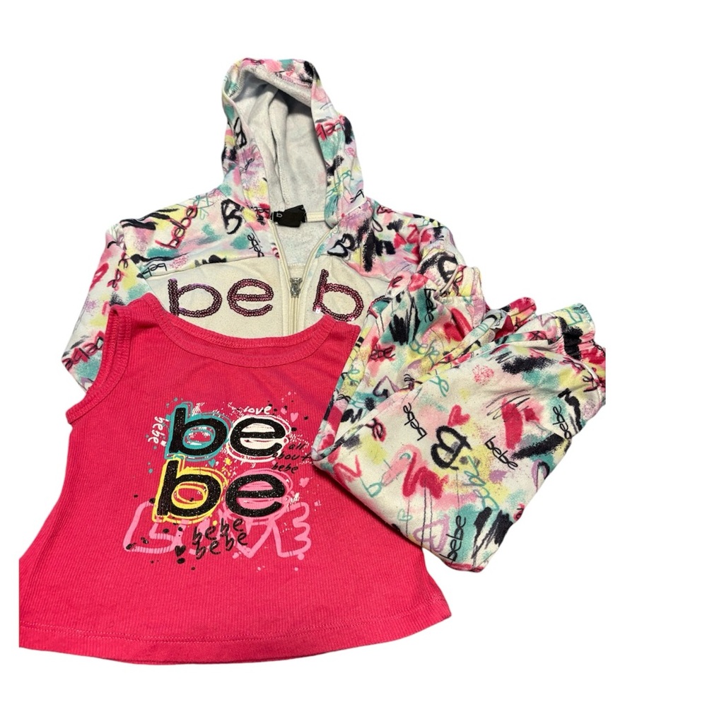 Bebe Printed Girls 3T three piece sweatsuit. Hooded jacket long sleeve. Pink